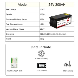 24V Lifepo4 Battery 100Ah 200Ah Built-In BMS 6000  Cycles Lithium Iron Phosphate for RV Golf Cart Solar Storage Outdoor Camping
