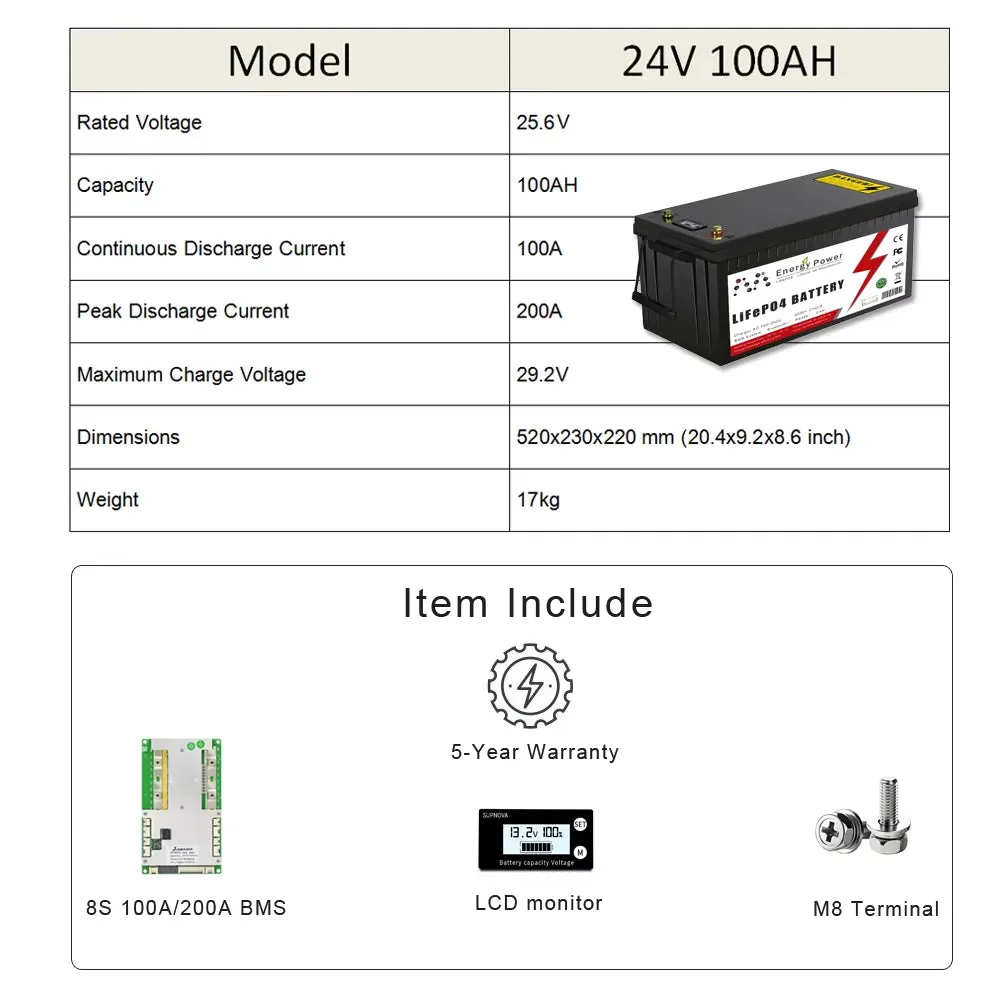 24V Lifepo4 Battery 100Ah 200Ah Built-In BMS 6000  Cycles Lithium Iron Phosphate for RV Golf Cart Solar Storage Outdoor Camping