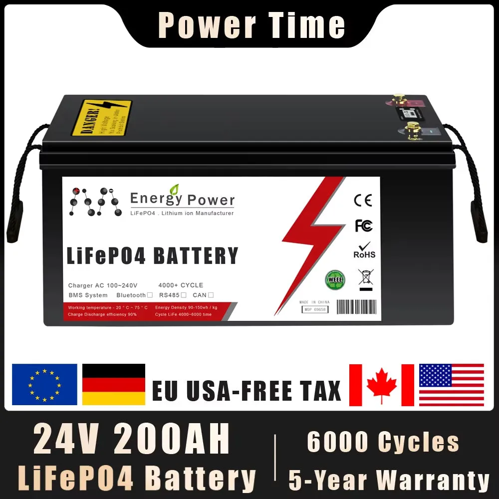 24V Lifepo4 Battery 100Ah 200Ah Built-In BMS 6000  Cycles Lithium Iron Phosphate for RV Golf Cart Solar Storage Outdoor Camping