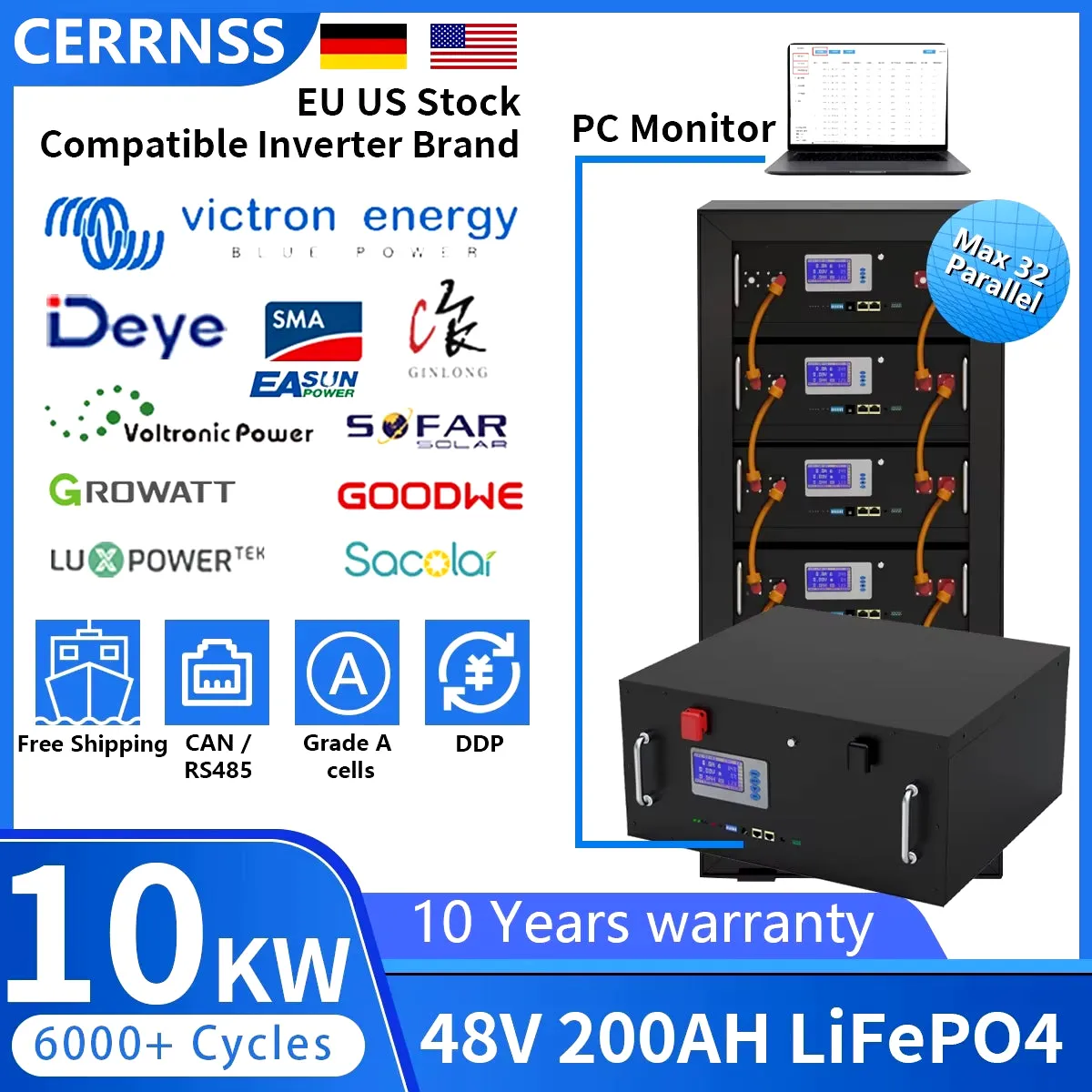 48V 200AH 150AH 100AH Lifepo4 Battery Pack 51.2V 10KW Lithium Solar Battery Rechargeable Battery 6000  Cycle for Inverter No TAX