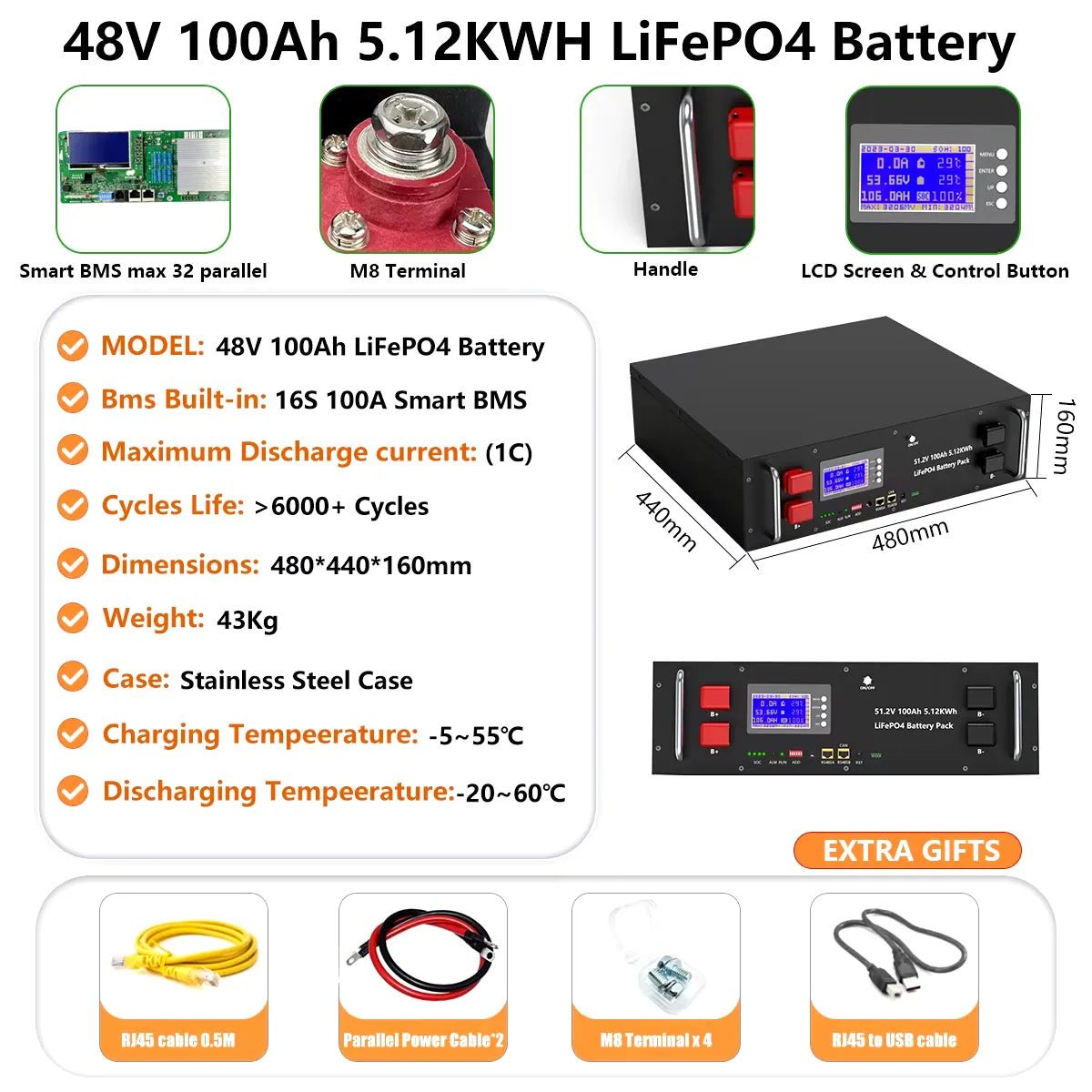48V 200AH 150AH 100AH Lifepo4 Battery Pack 51.2V 10KW Lithium Solar Battery Rechargeable Battery 6000  Cycle for Inverter No TAX