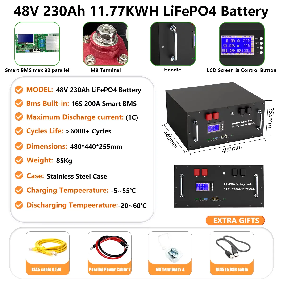 48V 200AH 150AH 100AH Lifepo4 Battery Pack 51.2V 10KW Lithium Solar Battery Rechargeable Battery 6000  Cycle for Inverter No TAX