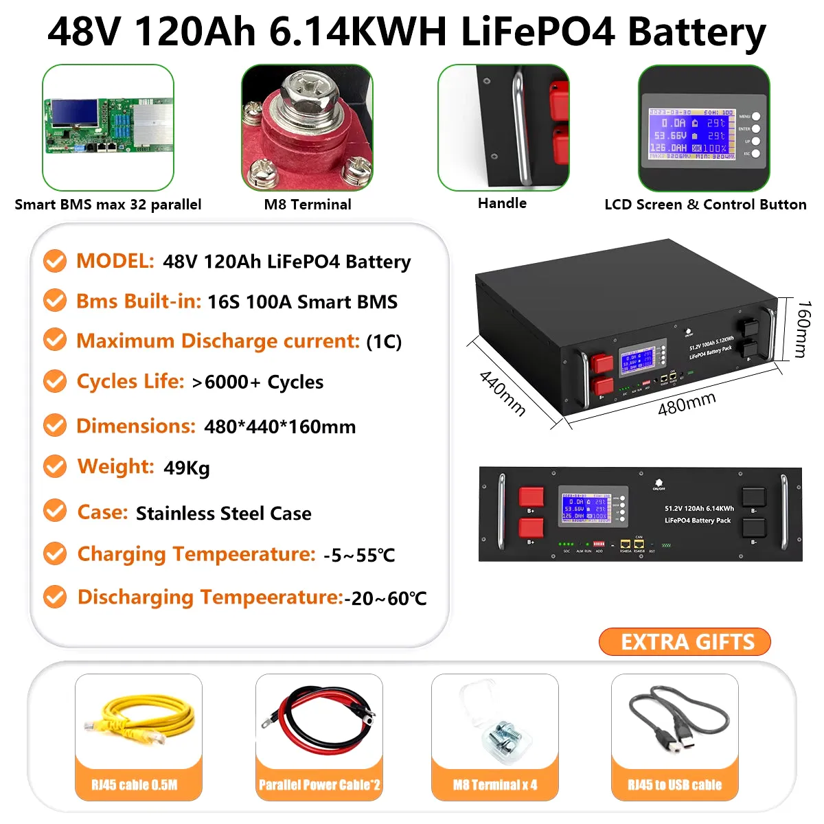 48V 200AH 150AH 100AH Lifepo4 Battery Pack 51.2V 10KW Lithium Solar Battery Rechargeable Battery 6000  Cycle for Inverter No TAX