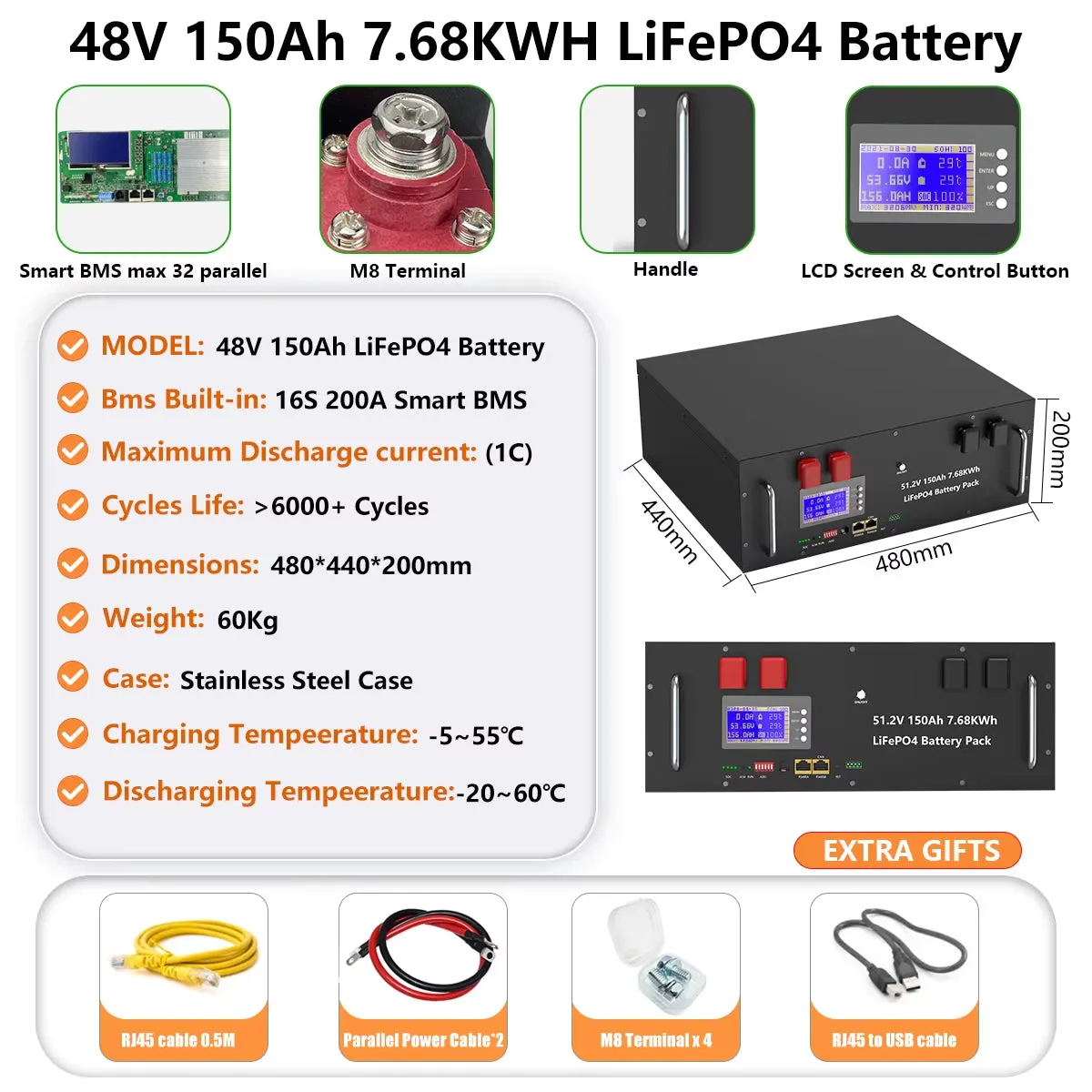 48V 200AH 150AH 100AH Lifepo4 Battery Pack 51.2V 10KW Lithium Solar Battery Rechargeable Battery 6000  Cycle for Inverter No TAX