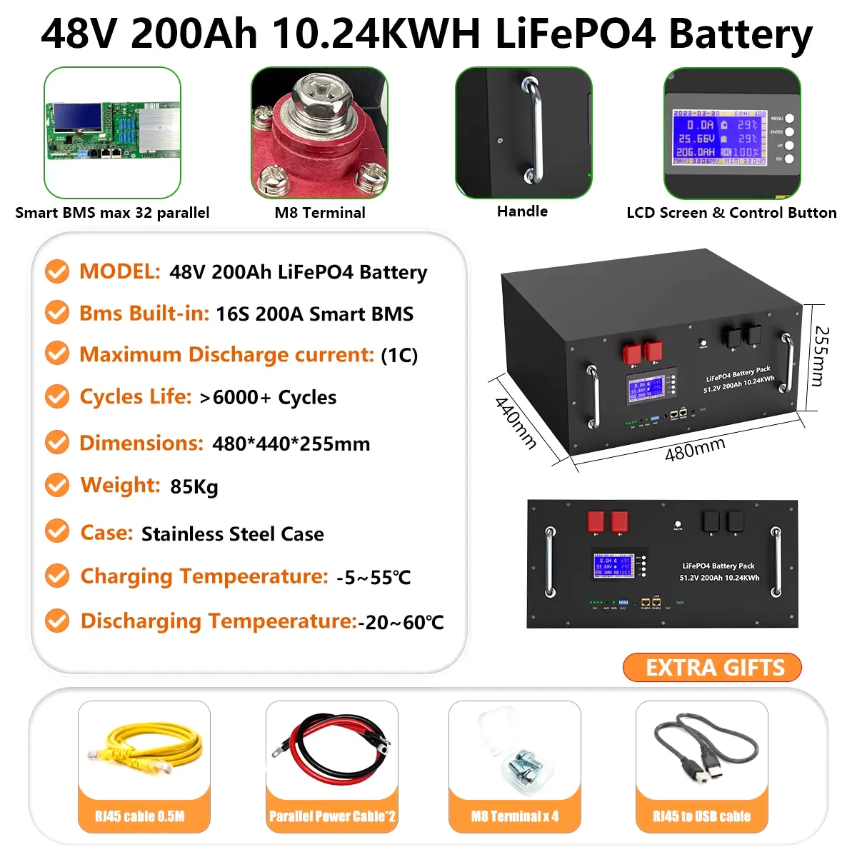 48V 200AH 150AH 100AH Lifepo4 Battery Pack 51.2V 10KW Lithium Solar Battery Rechargeable Battery 6000  Cycle for Inverter No TAX
