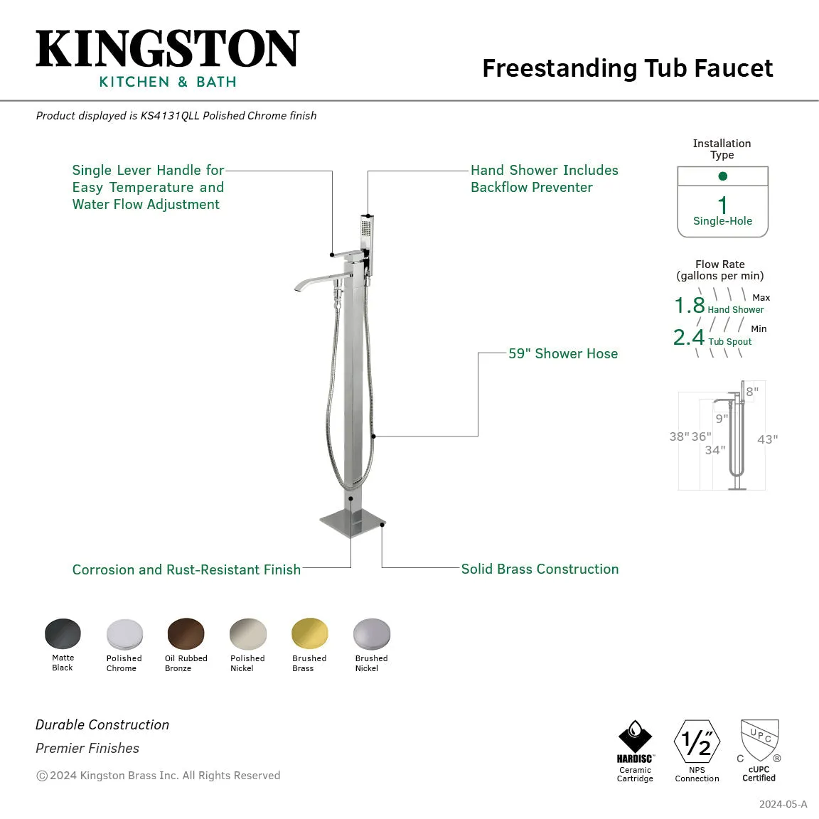 Executive KS4131QLL Single-Handle 1-Hole Freestanding Tub Faucet with Hand Shower, Polished Chrome