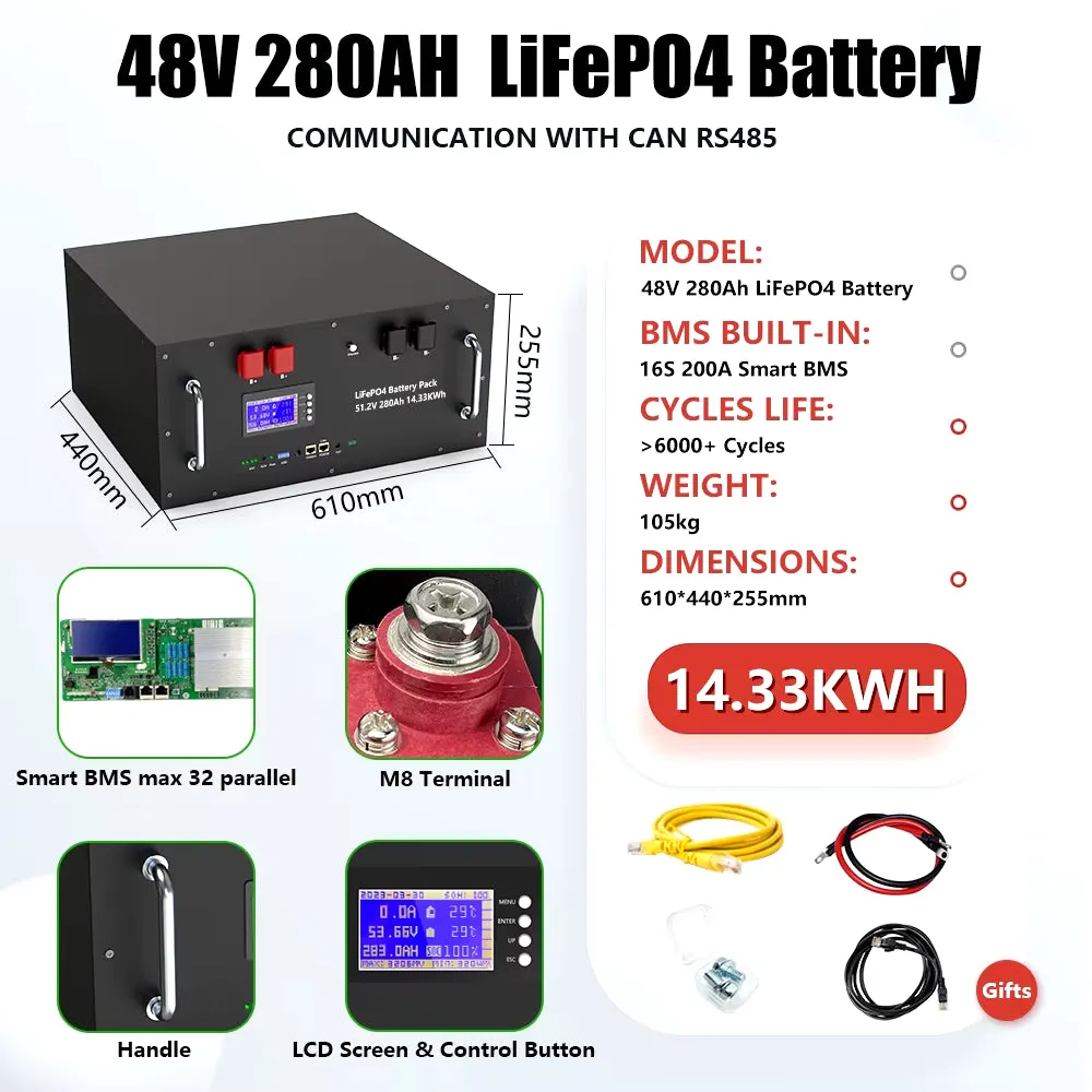 Lifepo4 48V 200Ah 10KW Lithium Battery 51.2V 100Ah 150Ah＞6000 Cycles 32 Parallel with CAN BUS/RS485 for Solar-Eu UKR No Tax