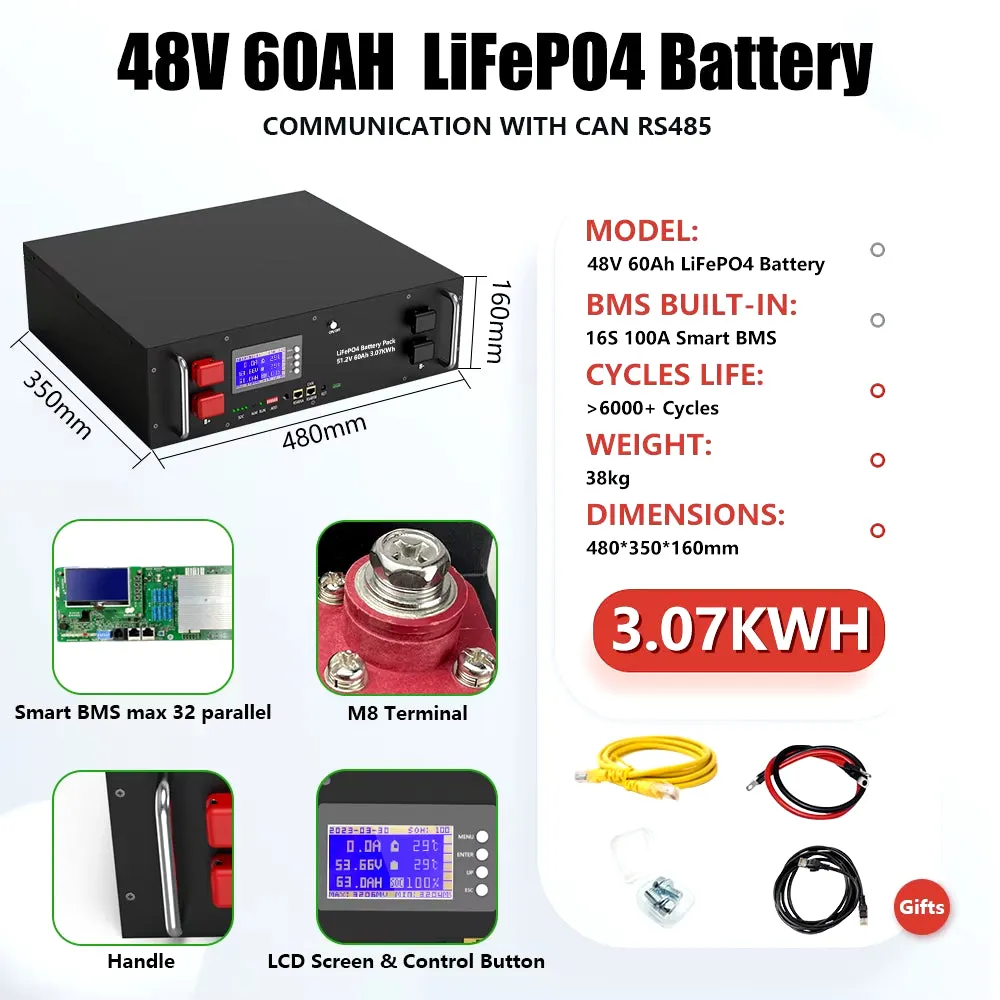 Lifepo4 48V 200Ah 10KW Lithium Battery 51.2V 100Ah 150Ah＞6000 Cycles 32 Parallel with CAN BUS/RS485 for Solar-Eu UKR No Tax