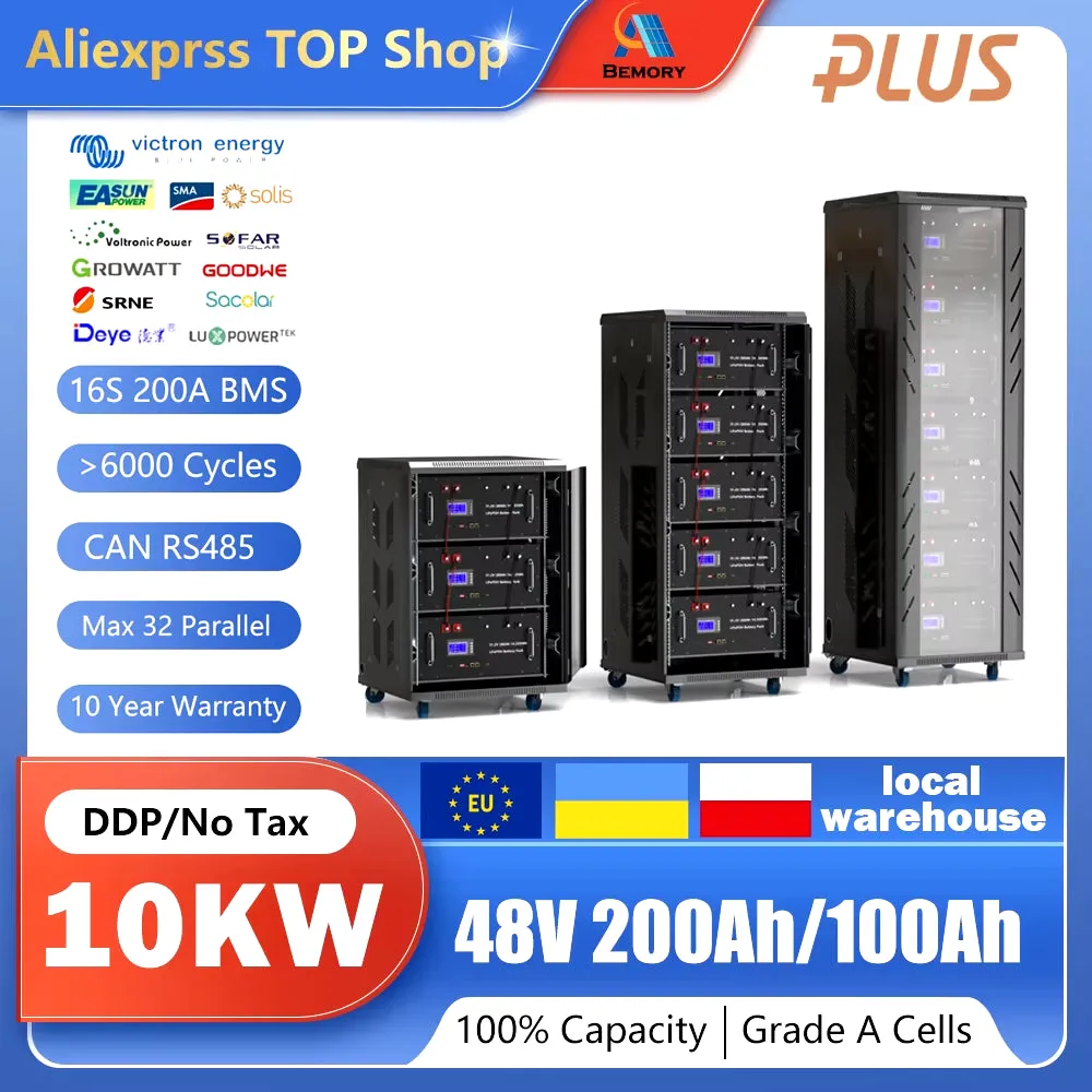 Lifepo4 48V 200Ah 10KW Lithium Battery 51.2V 100Ah 150Ah＞6000 Cycles 32 Parallel with CAN BUS/RS485 for Solar-Eu UKR No Tax