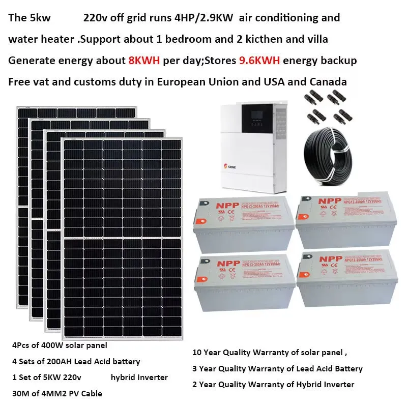 Solar System for Home Complete Kit 5000W 5KW 220V 110V Solar Panel Lead Acid Gel Battery off Grid Hybrid Inverter Farm House