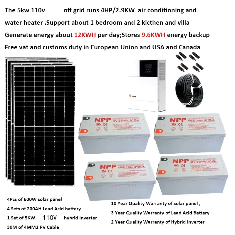 Solar System for Home Complete Kit 5000W 5KW 220V 110V Solar Panel Lead Acid Gel Battery off Grid Hybrid Inverter Farm House