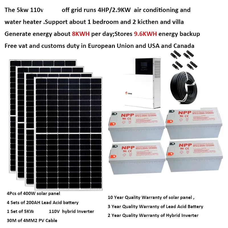 Solar System for Home Complete Kit 5000W 5KW 220V 110V Solar Panel Lead Acid Gel Battery off Grid Hybrid Inverter Farm House
